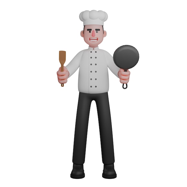 Photo a chef is holding a wooden spatula in the left hand and a frying pan in the right hand