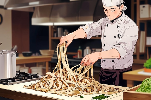 Photo a chef is making handmade noodles ai generative