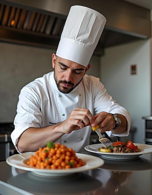 a chef is preparing food in a kitchen with a chef hat on