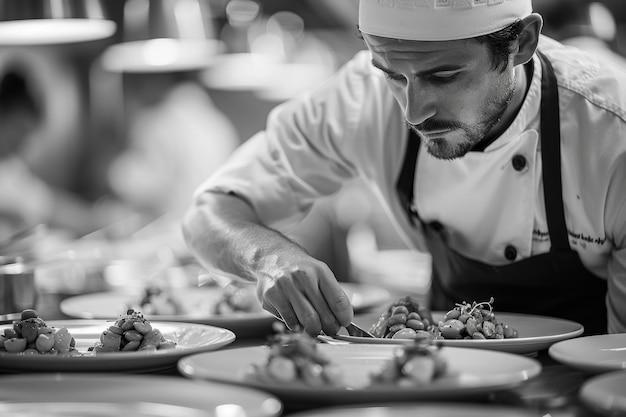 Photo a chef is preparing food on a table with many plates of food the chef is wearing a white hat and apron