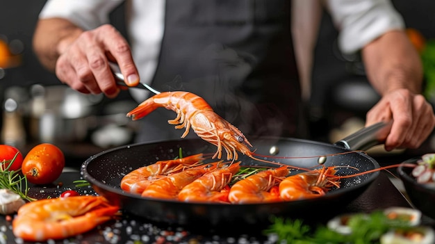 A chef is preparing shrimp in a frying pan on a stovetop in a kitchen setting