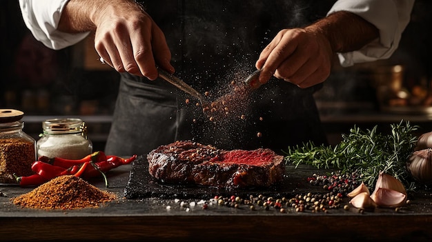 Photo a chef is preparing a steak with a lot of spices on a counter