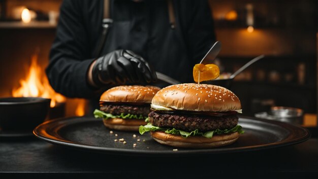 Photo a chef is putting the finishing touches on two hamburgers