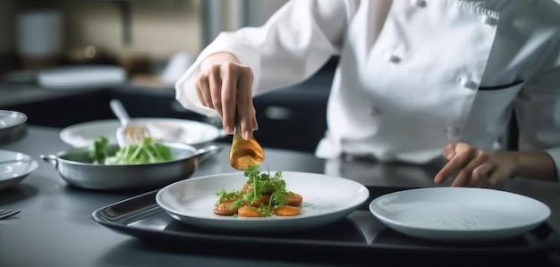 A chef is sprinkling sauce on a plate of food.