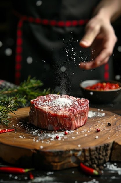 A chef is sprinkling seasoning on a steak placed on a wooden board