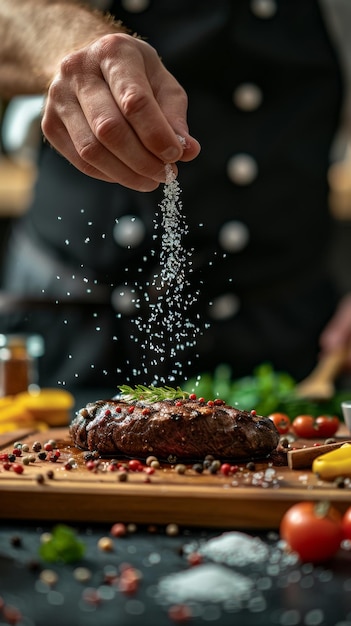 A chef is sprinkling seasoning on a steak placed on a wooden cutting board