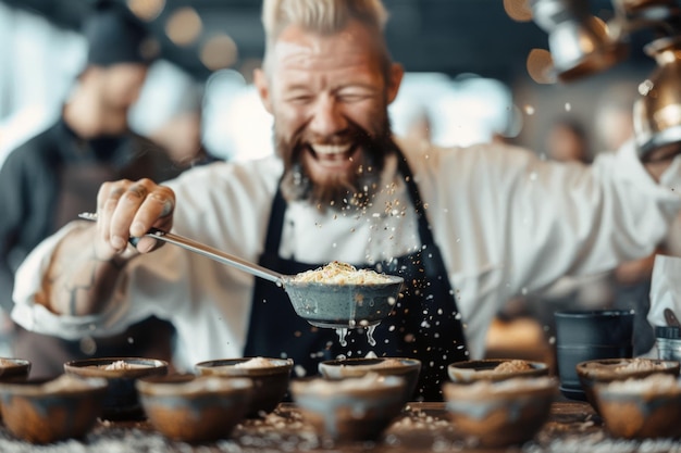 Photo chef joyfully garnishes dishes in a restaurant kitchen