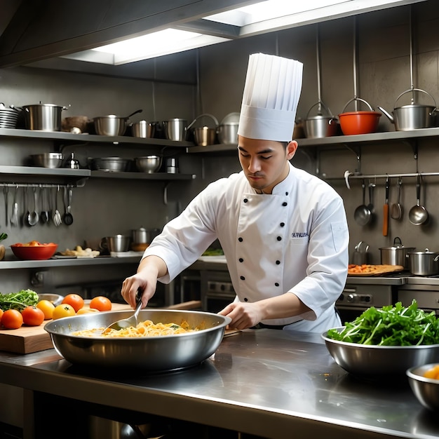 a chef in a kitchen with a bunch of pots and pans of food