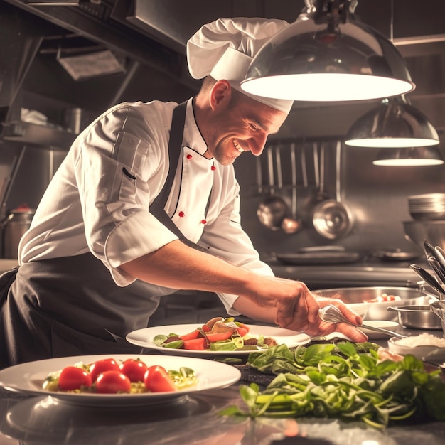 a chef in a kitchen with a bunch of vegetables