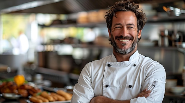 a chef in a kitchen with a large smile on his face