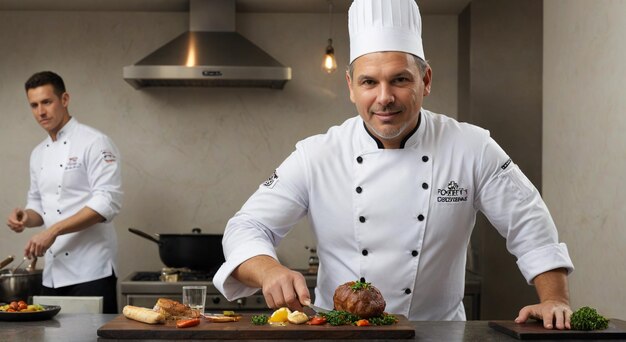 Photo a chef in a kitchen with a tray of food and a sign that says chef