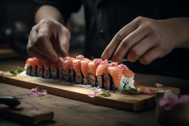 A chef makes sushi