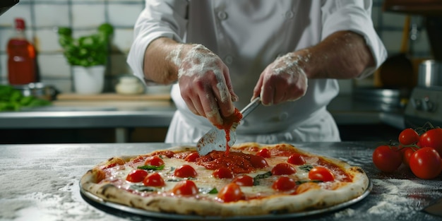 chef making pizza closeup Generative AI