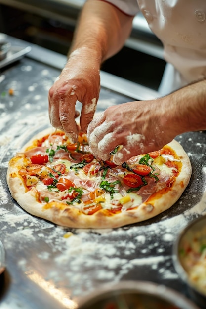 chef making pizza closeup Generative AI