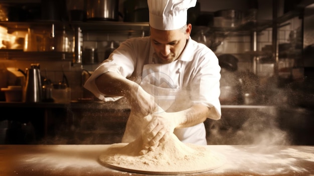 Chef making pizza dough in a kitchen