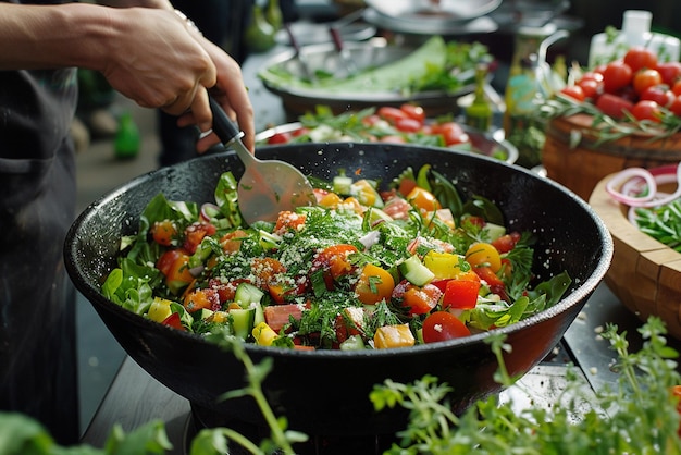 A chef making salad