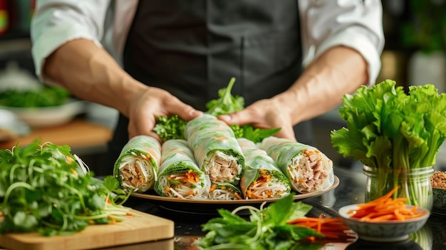 Photo chef making spring rolls in a vietnamese restaurant hd background