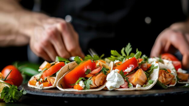 Photo chef making tacos in a mexican restaurant kitchen hd background