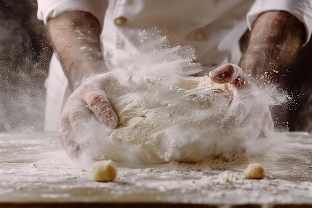 Chef male hands kneading dough on a wooden table