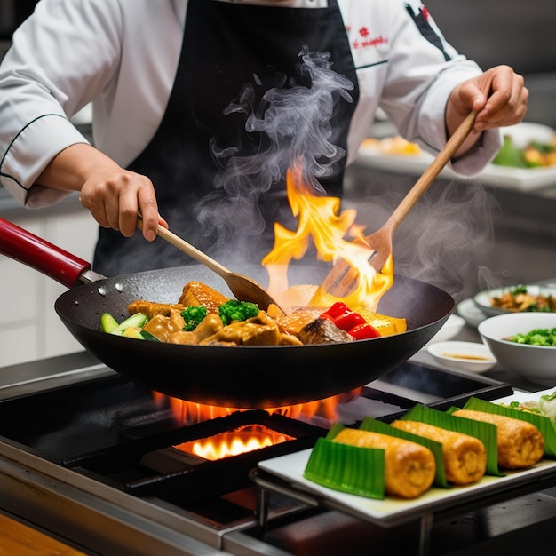 Chef Masterfully Preparing Gourmet Cuisine in a Flaming Wok