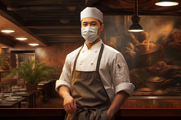 A Chef in a Medical Mask Is Standing in a Restaurant