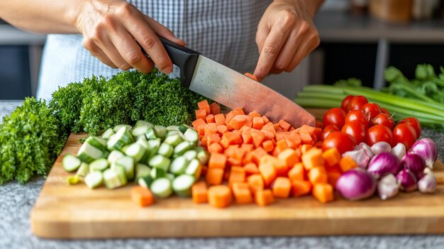 Photo chef meticulously chops fresh vegetables on a wooden cutting board highlighting the essence of culi