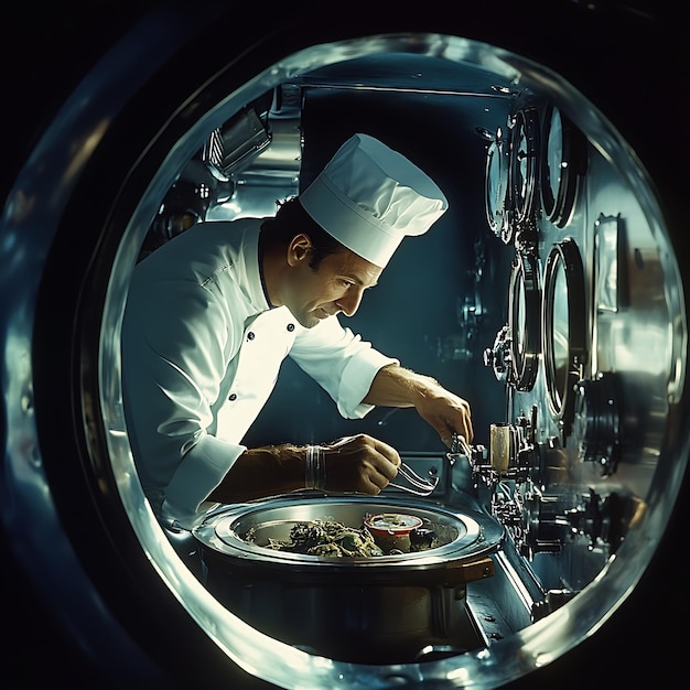 Photo chef in a modern kitchen peering through a window