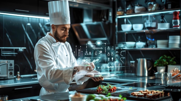 Chef in Modern Kitchen with AI Hologram for Innovative Recipes AIG60