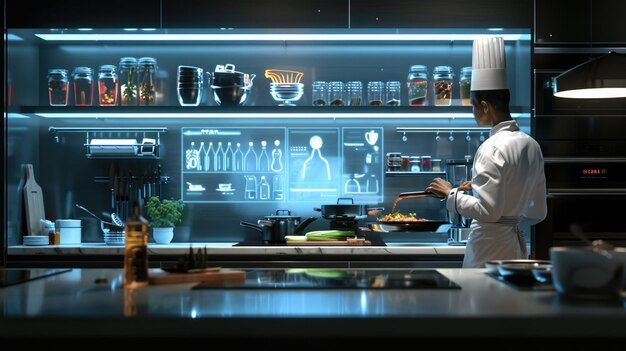 Chef in Modern Kitchen with AI Hologram for Innovative Recipes AIG60