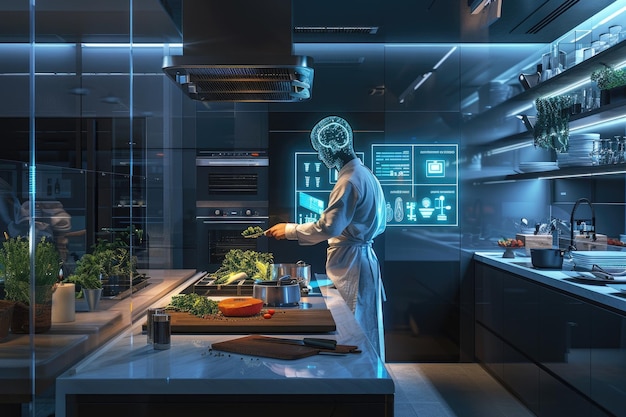 Photo chef in modern kitchen with ai hologram for innovative recipes aig60