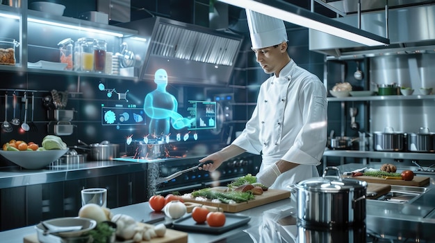 Photo chef in modern kitchen with ai hologram suggesting recipes aig60