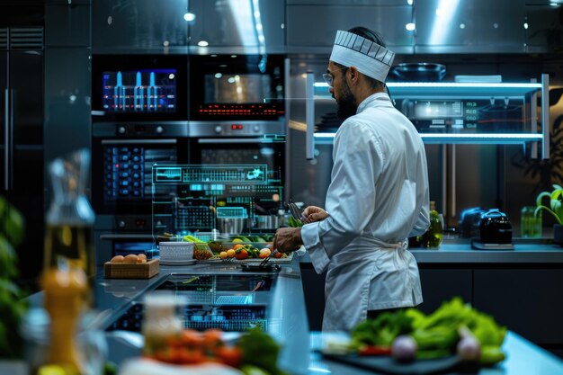 Photo chef in modern kitchen with ai hologram suggesting recipes aig60