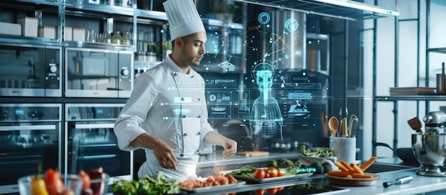 Photo chef in modern kitchen with ai hologram suggesting recipes aig