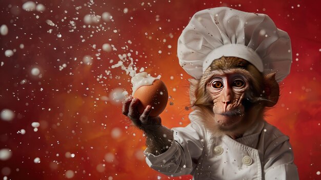 Chef Monkey Holding an Egg with Exploding Particles on Red Background in a Creative Culinary Concept