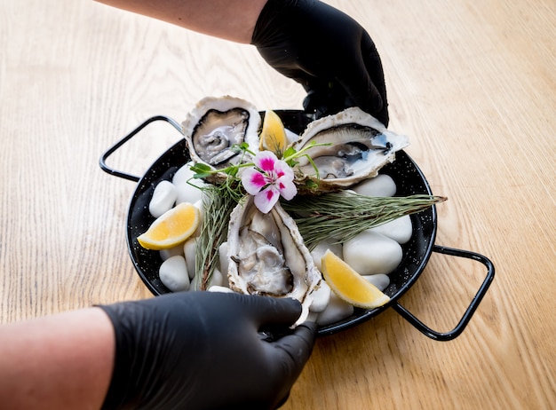 Chef opens a fresh oyster. Dish with open oysters. Restaurant.