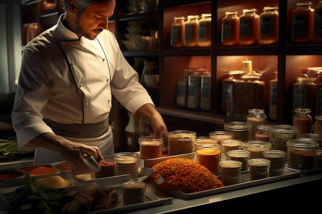 A chef organizing spices and herbs in a kitchen Generative ai