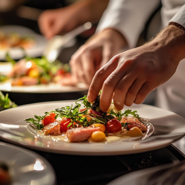 Chef Plating Artfully Crafted Dinner for Guests