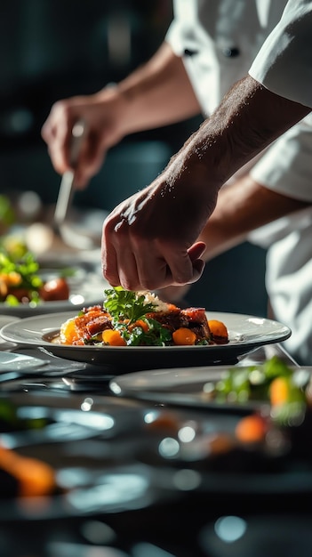 Chef Plating Artfully Crafted Dinner for Guests