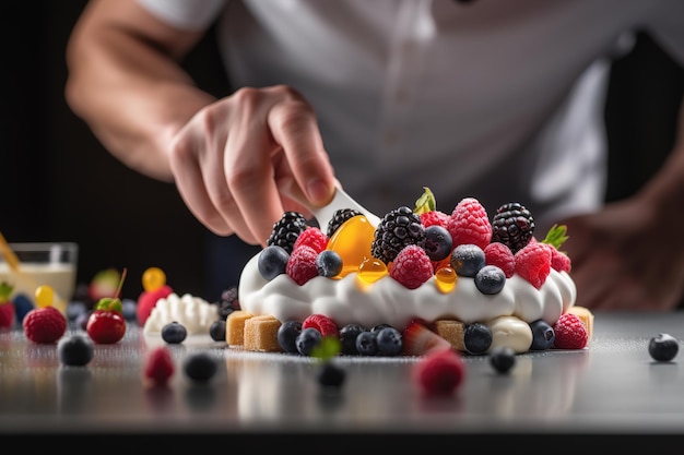 Chef plating a colorful dessert with fruits Generative AI