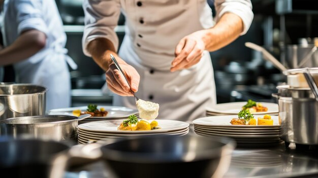 Photo chef plating a dish with a spoon in a kitchen