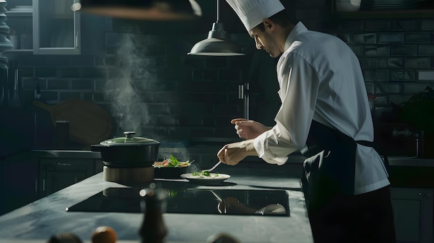 Chef plating food in a professional kitchen