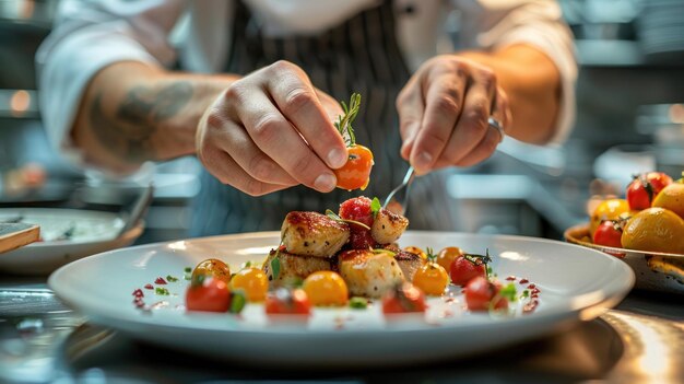 Photo chef plating a gourmet dish in the kitchen