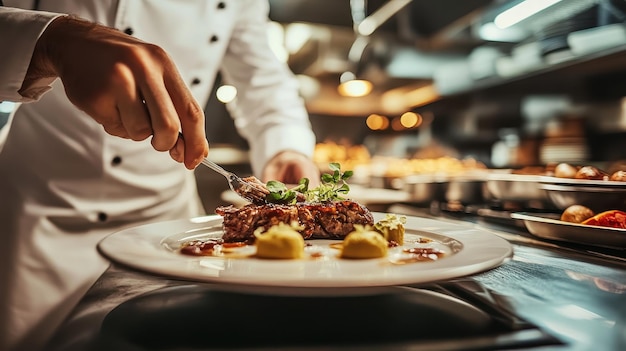 Chef plating a gourmet dish in an open kitchen