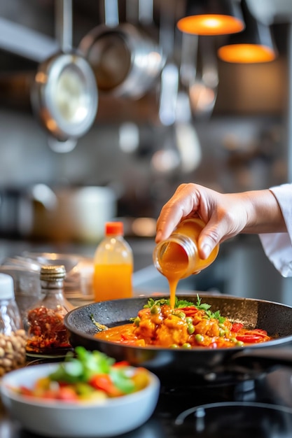 Photo chef pouring orange sauce into a skillet with vegetables in a professional kitchen setting