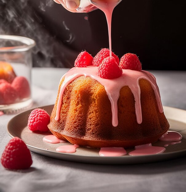 The chef pours sweet pink icing on a rum baba cake