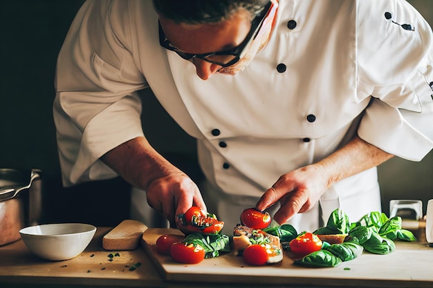 Chef prepares bruschetta for Italian cuisine at restaurant