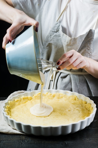 The chef prepares a cake in a baking dish. 