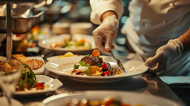 Photo a chef prepares a delicious meal in a professional kitchen the chef is carefully