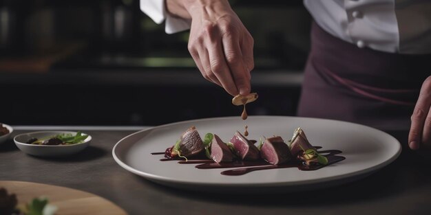 A chef prepares a dish with a sauce on it.