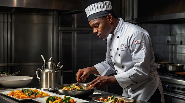 a chef prepares food in a kitchen with a pan of food